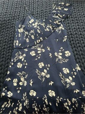 One-Shoulder Ruffle Detail Navy Floral Mini Dress with Cream Print